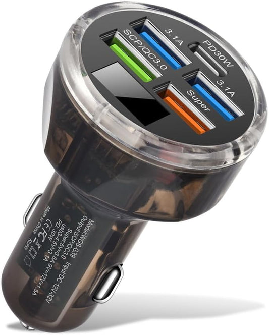 Experience Lightning Fast Charging on the Go with Our 5-Port USB C Car Charger Adapter - Perfect for iPhone, Android, Samsung, and More!