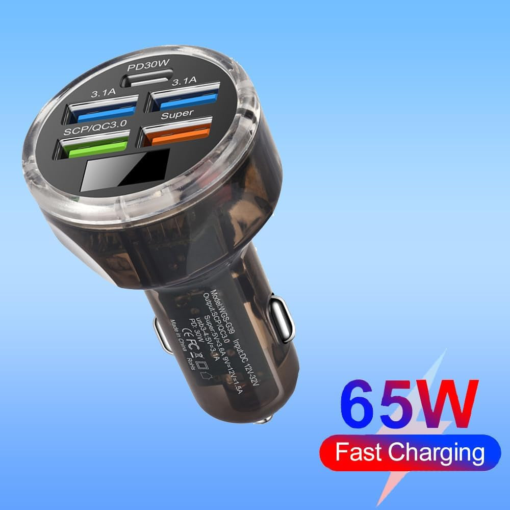 Experience Lightning Fast Charging on the Go with Our 5-Port USB C Car Charger Adapter - Perfect for iPhone, Android, Samsung, and More!